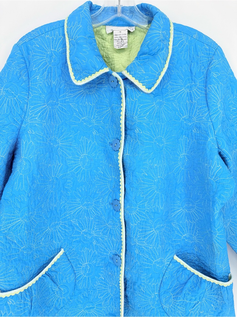 Susan Graver Quilted Jacket 1X Floral Cottagecore Grandmacore Blue Green Coastal